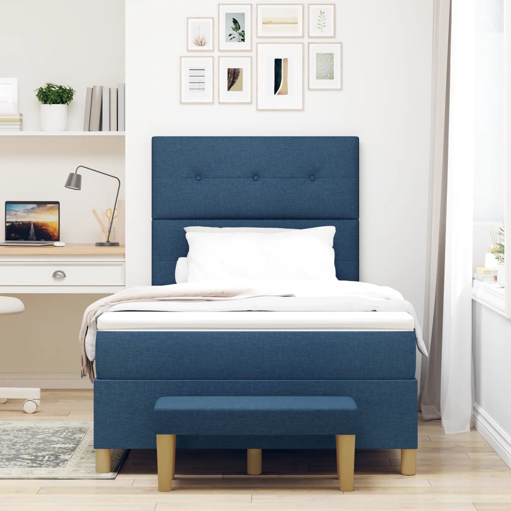 vidaXL Κρεβάτι Box Spring με Στρώμα & Πάγκο Μπλε 120x200 εκ Υφάσματος