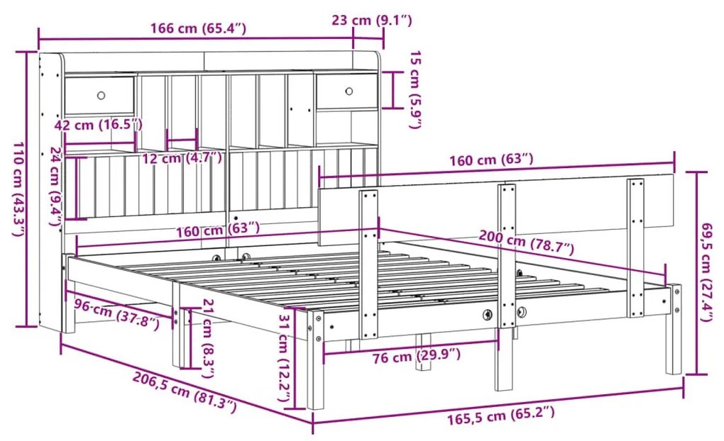 Κρεβάτι Βιβλιοθήκη Χωρίς Στρώμα 160x200 εκ Μασίφ Ξύλο Πεύκου - Λευκό