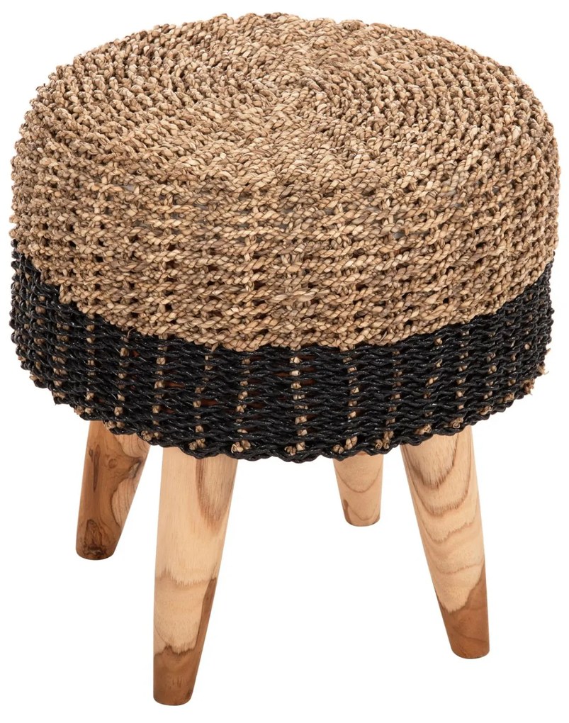 STOOL BEAM  TEAK WOOD AND SEAGRASS RUSH IN NATURAL &amp; BLACK Φ43x45Hcm.