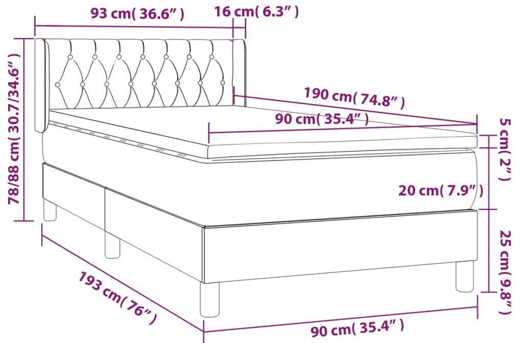 vidaXL Κρεβάτι Boxspring με Στρώμα Κρεμ 90x190 εκ.Υφασμάτινο