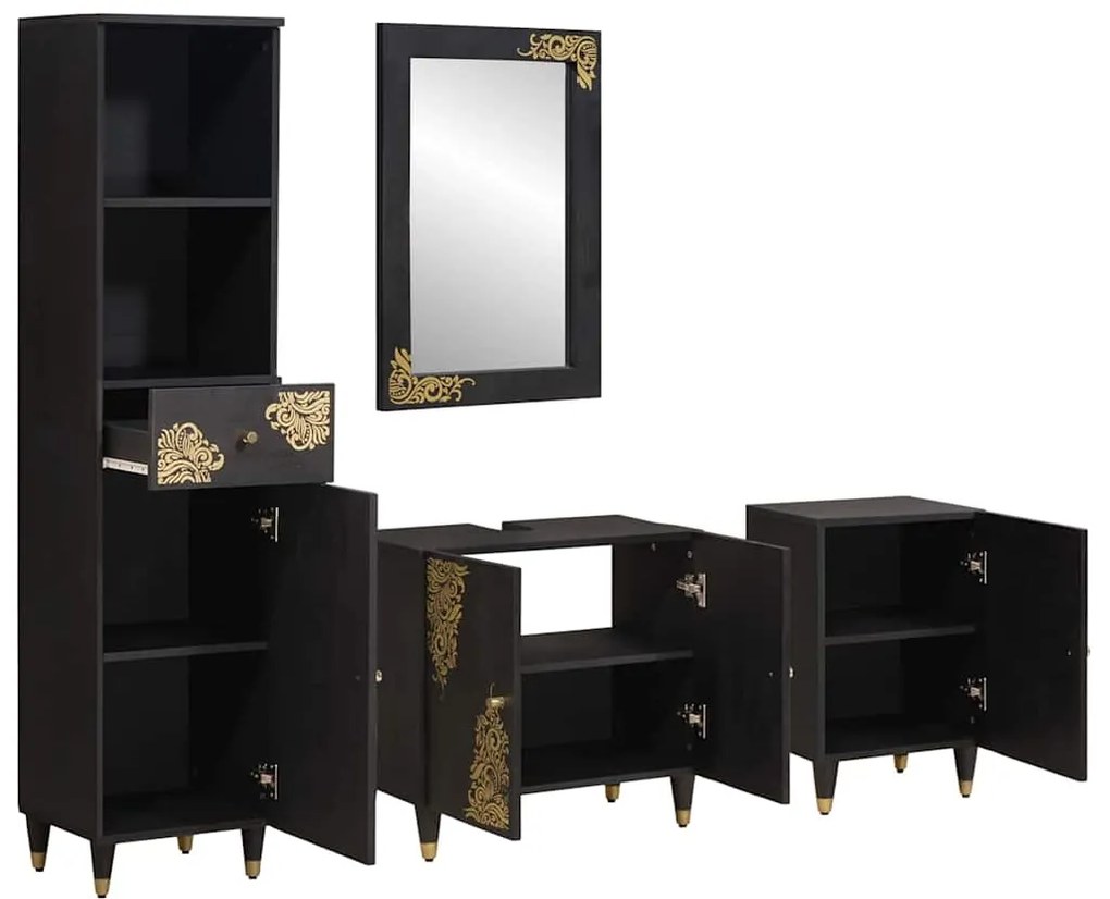 vidaXL Σετ Ντουλαπιών Μπάνιου Επιτοίχιο 4 pcs Μαύρο Στερεό ξύλο μάνγκο