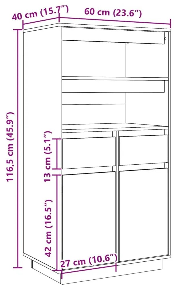 Ντουλάπι Ψηλό Μαύρο 60x40x116,5 εκ. από Μασίφ Ξύλο Πεύκου - Μαύρο