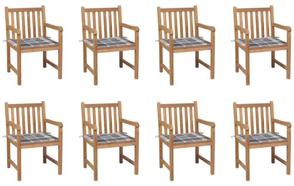 Καρέκλες Κήπου 8 τεμ από Μασίφ Ξύλο Teak με Γκρι Καρό Μαξιλάρια