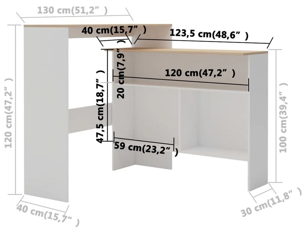 Τραπέζι Μπαρ με 2 Επιφάνειες Λευκό / Δρυός 130 x 40 x 120 εκ. - Λευκό