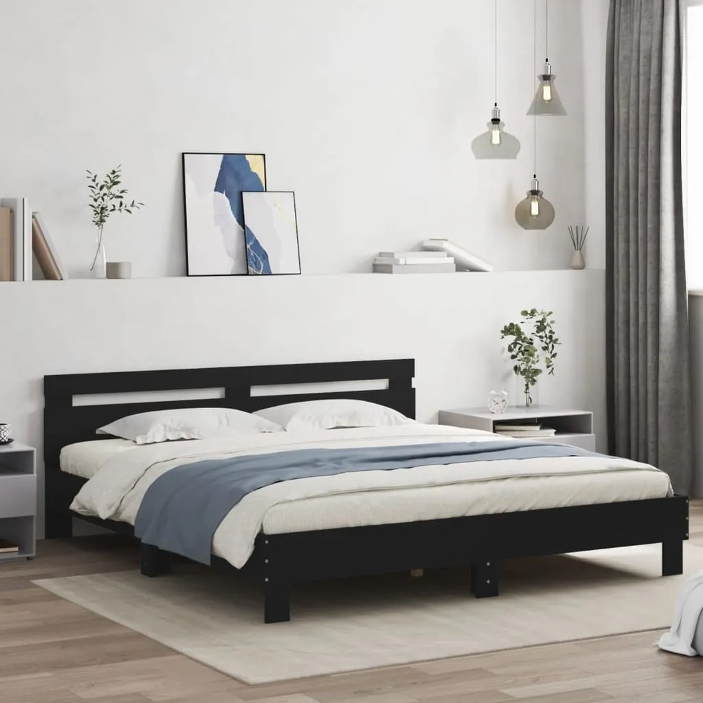 vidaXL Πλαίσιο Κρεβατιού με Κεφαλάρι Μαύρο 180x200εκ. Μασίφ Επεξ. Ξύλο