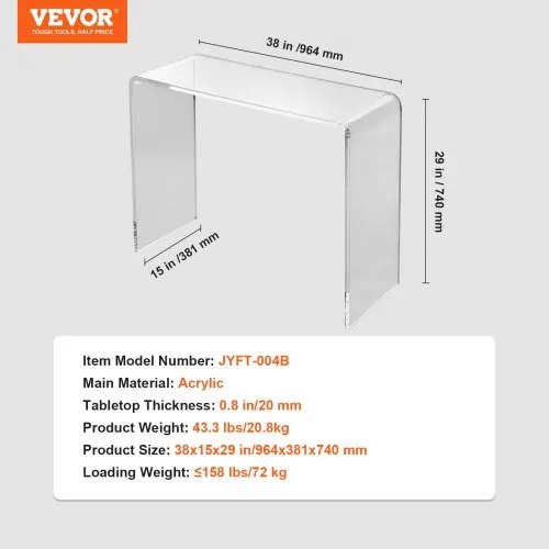 VEVOR Acrylic Console Table, Clear Acrylic End Table, Transparent Acrylic Side Table 37.95x15x29.13 inch, for Foyer, Living Room, Dining Room