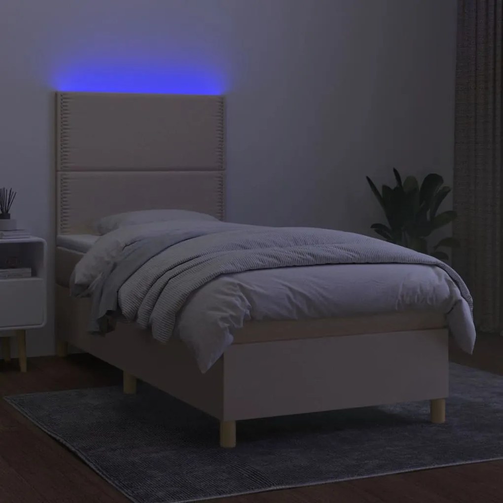 vidaXL Κρεβάτι Boxspring με Στρώμα & LED Κρεμ 90x190 εκ. Υφασμάτινο