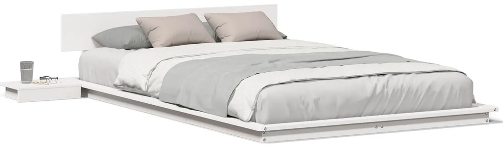 vidaXL Σκελετός κρεβατιού με κομοδίνα Λευκό 135x190 εκ. Μασίφ ξύλο