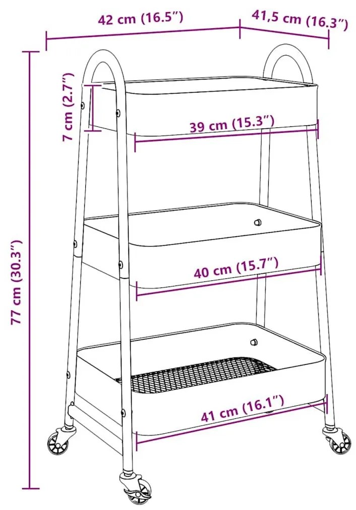 Τρόλεϊ αποθήκευσης 3 επιπέδων Λευκό 42x41,5x77 cm Χάλυβας