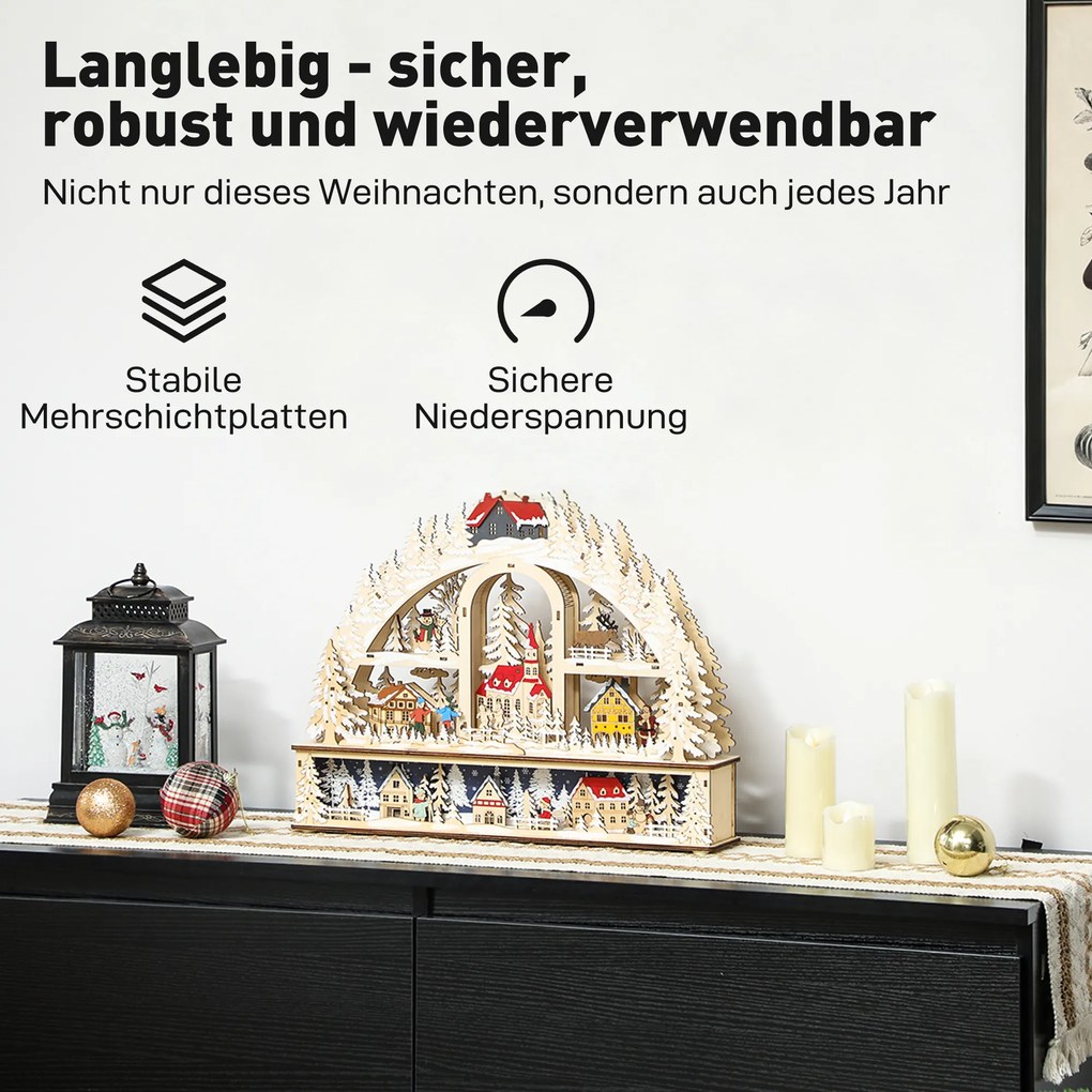 HOMCOM Χριστουγεννιάτικο Χωριό με Φωτισμό LED, 45 cm Χριστουγεννιάτικη Πόλη με Χιονάνθρωπο, Τάρανδο και Δέντρα Φυσικό Ξύλο