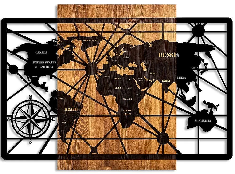 Διακοσμητικό Τοίχου World Map 899SKL2631 96x70cm Walnut-Black Wallity Μέταλλο,Ξύλο