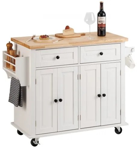 VEVOR Kitchen Island Cart with Solid Wood Top, 35.4&quot; Width Mobile Carts with Storage Cabinet, Rolling Kitchen Table with Spice Rack, Towel Rack, and Drawer, Portable Islands on Wheels, White