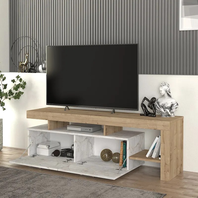 Έπιπλο τηλεόρασης Acnes Megapap χρώμα λευκό εφέ μαρμάρου - sapphire oak 160x40x53εκ.