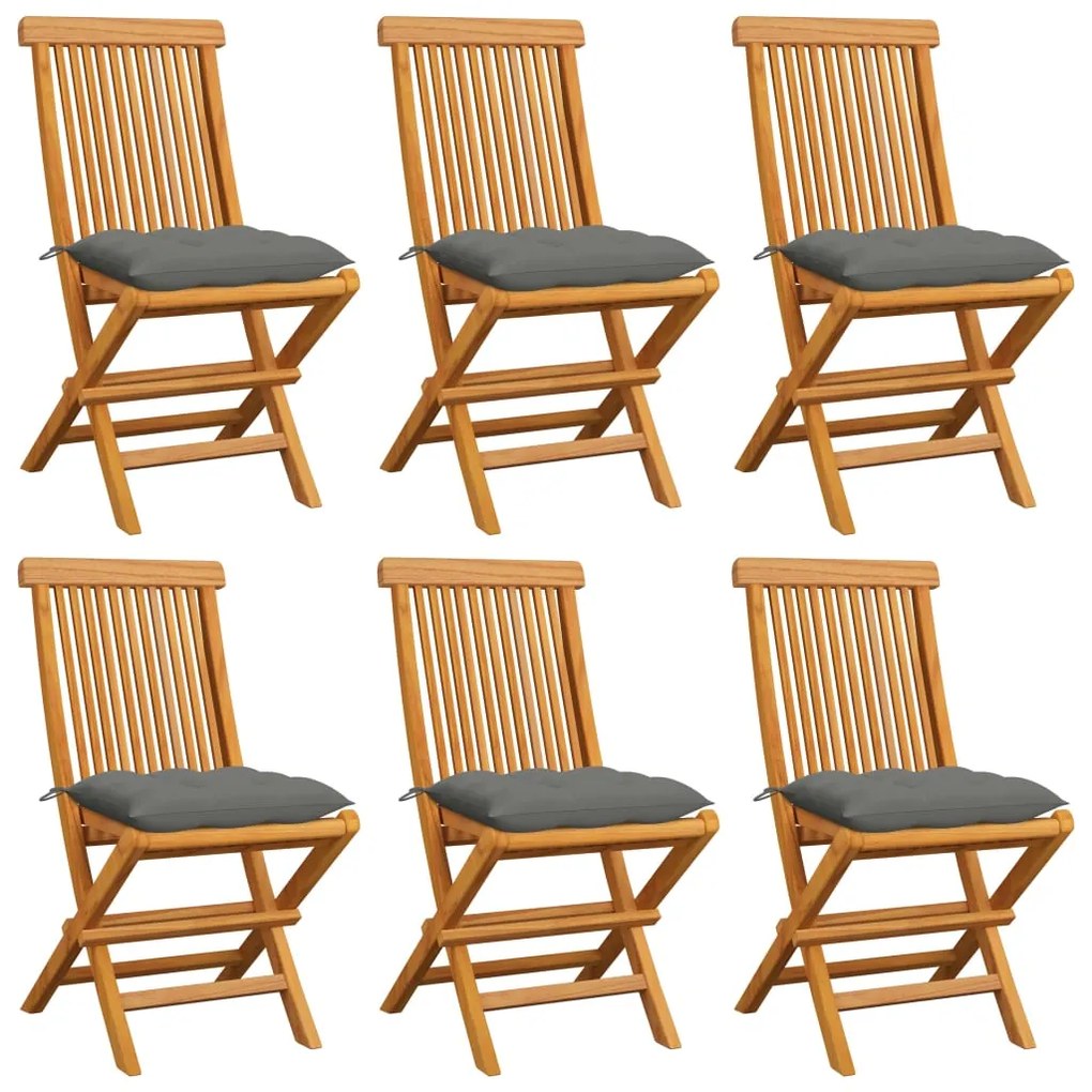vidaXL Καρέκλες Κήπου 6 Τεμαχίων από Μασίφ Ξύλο Teak με Γκρι Μαξιλάρια