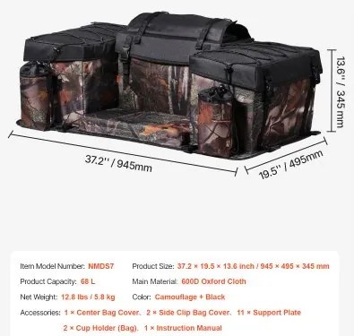 VEVOR 68L ATV Rear Storage Bag 600D Oxford Cloth Rear Cargo Bag &amp; Sponge Cushion