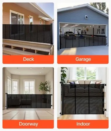 VEVOR Retractable Baby Gate, Extends to 5150 mm Extra Wide, 990 mm Tall, with Reinforced Fiberglass Strips, Avoids Crawling Through, Mesh Dog Gate for Decks, Doorways, Garages, Indoor, Black