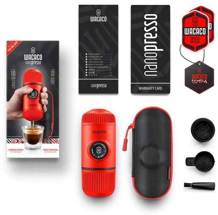 Φορητή μηχανή εσπρέσο Wacaco Nanopresso Lava Red, 18bar, 80 ml, Για αλεσμένο καφέ, Δεν χρειάζεται φόρτιση ή μπαταρίες, Θήκη μεταφοράς, Κόκκινο