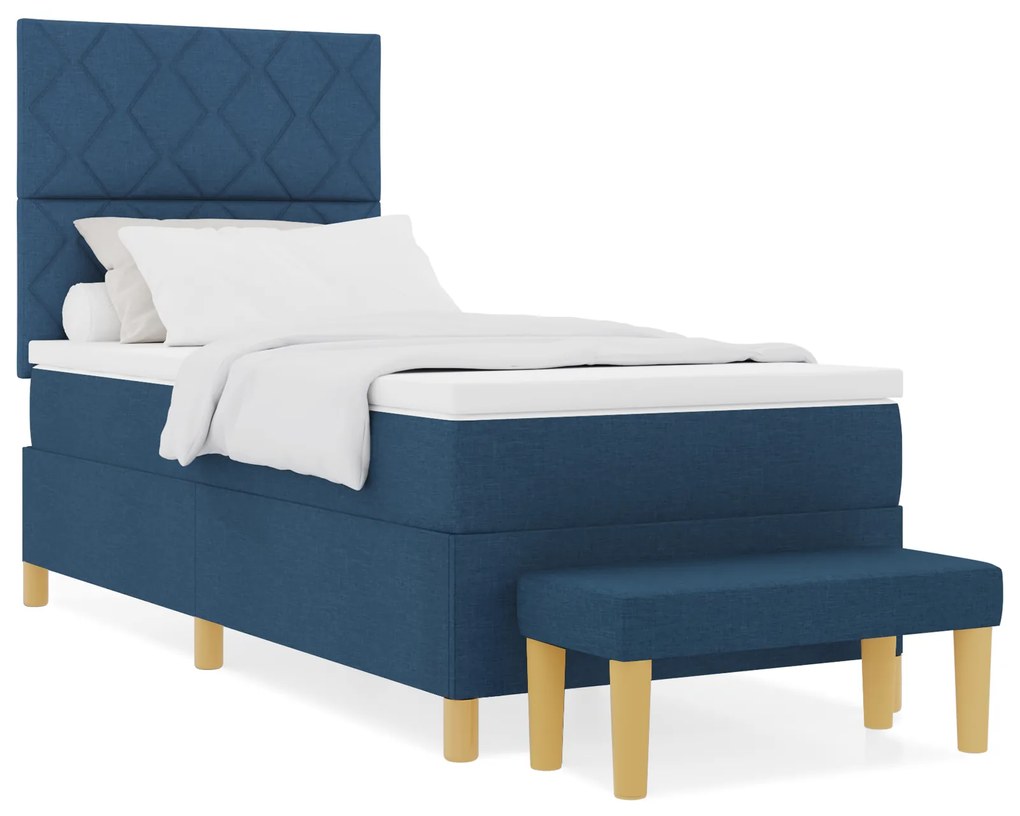 vidaXL Κρεβάτι Box Spring με Στρώμα & Bench Μπλε 100x200 εκ. Ύφασμα