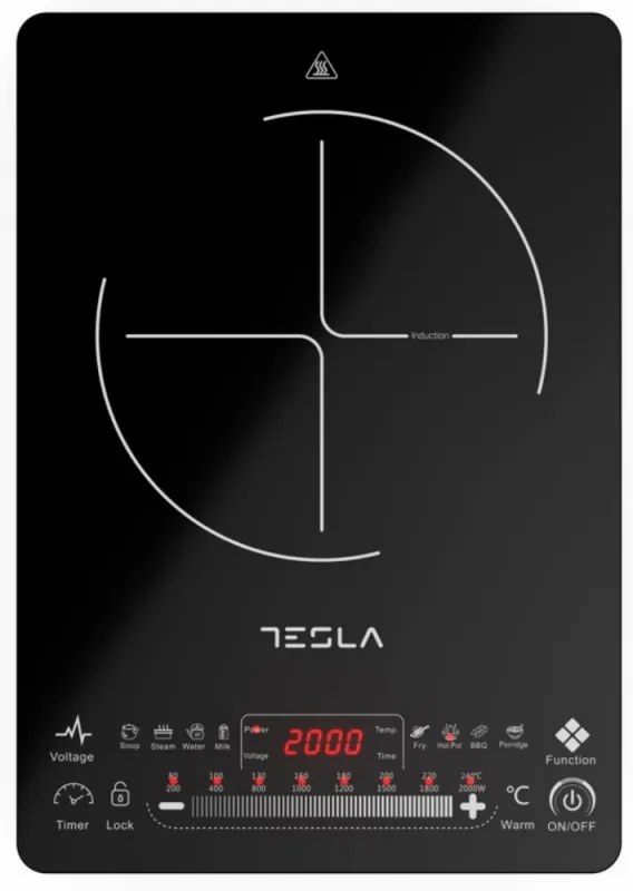 Μονή επαγωγική εστία Tesla IC400B, 2000W, Χειριστήριο αφής, LED οθόνη, 9 επίπεδα θερμοκρασίας, 8 επίπεδα ισχύος, Χρονοδιακόπτης, Μαύρο χρώμα