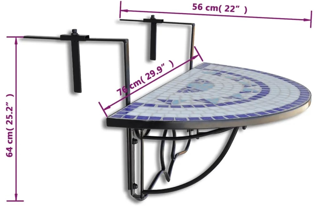 vidaXL Τραπέζι Μπαλκονιού Κρεμαστό «Μωσαϊκό» Μπλε και Λευκό