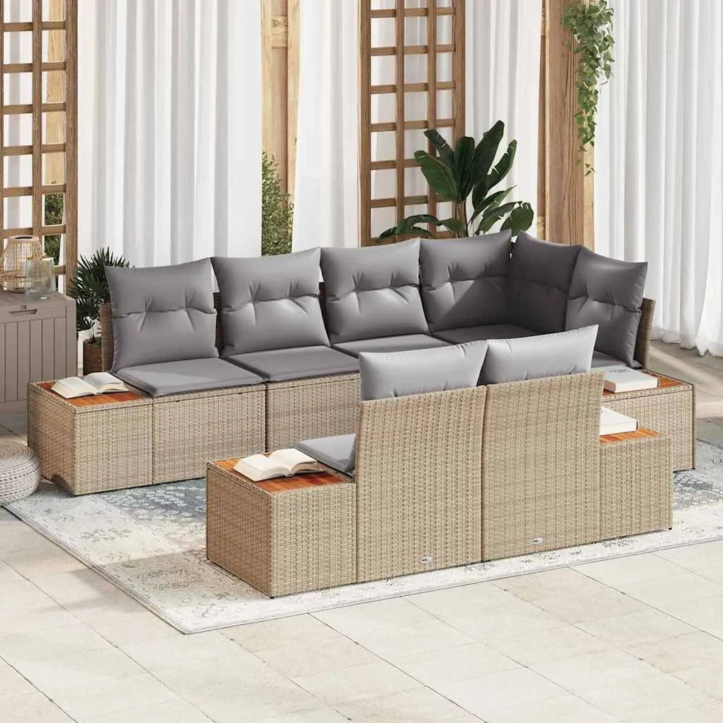 vidaXL Σετ Κήπου 7 Τεμαχίων με Μαξιλάρια Μπεζ Poly Rattan