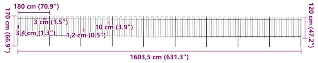 vidaXL Φράχτης Κήπου με Κορυφή από Ατσάλι 1603,5 εκ. Μαύρος