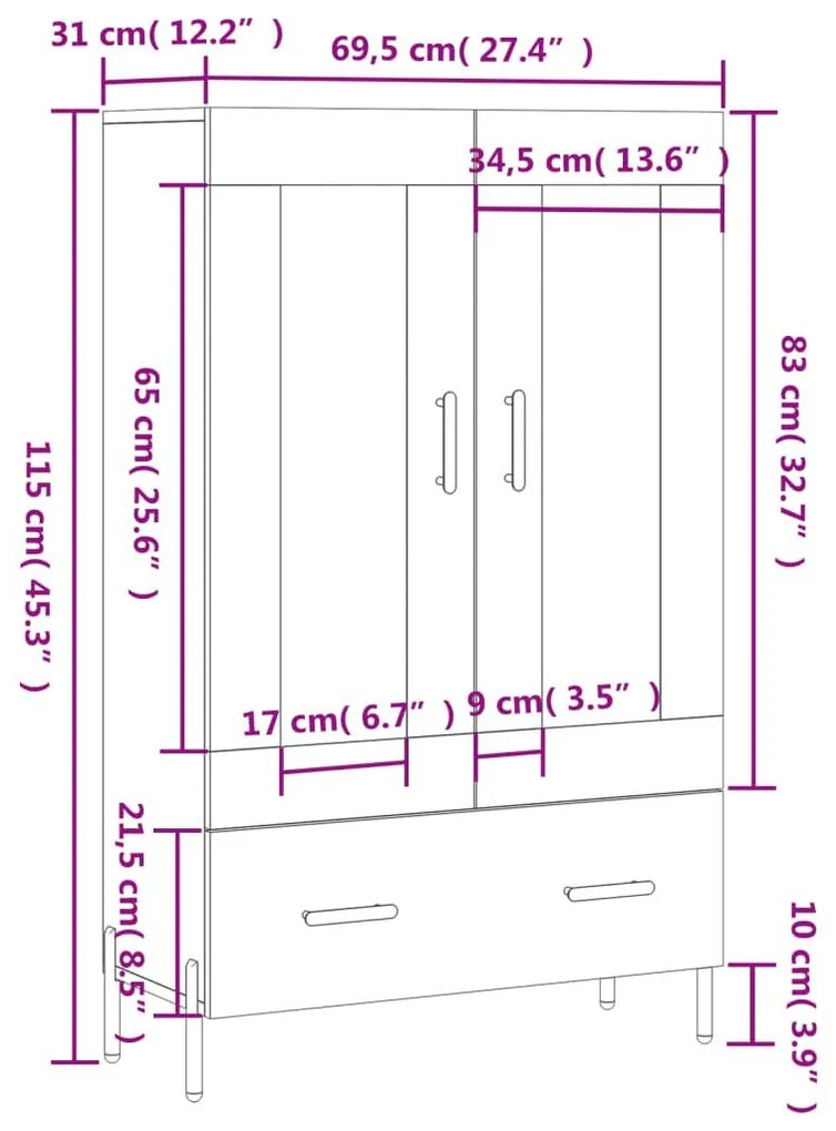 Ντουλάπα Γκρι Σκυροδέματος 69,5 x 31 x 115 εκ. Επεξεργ. Ξύλο - Γκρι