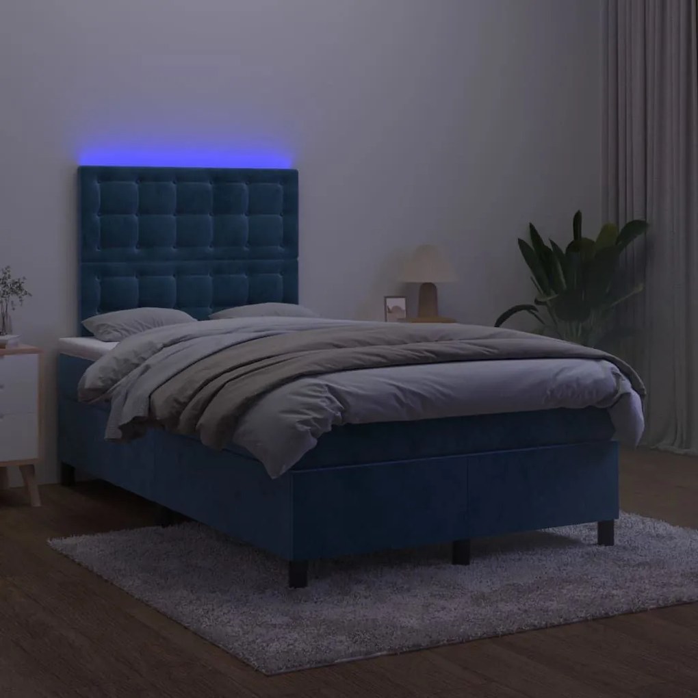 Κρεβάτι Boxspring με Στρώμα &amp; LED Σκ. Μπλε 120x200εκ. Βελούδινο - Μπλε