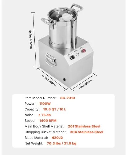 VEVOR Food Processor &amp; Vegetable Chopper 10L Food-Grade Stainless Steel Blender