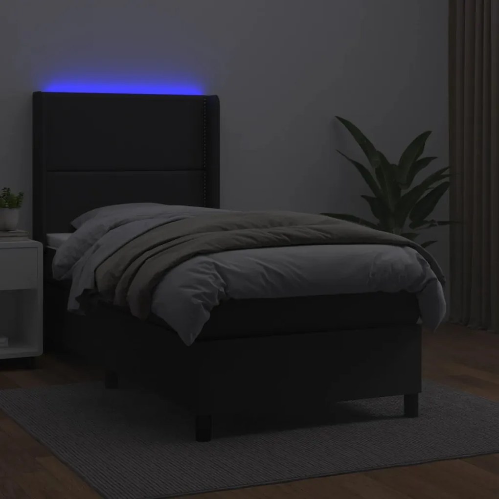 Κρεβάτι Boxspring με Στρώμα &amp; LED Μαύρο 90x200 εκ. Συνθ. Δέρμα - Μαύρο