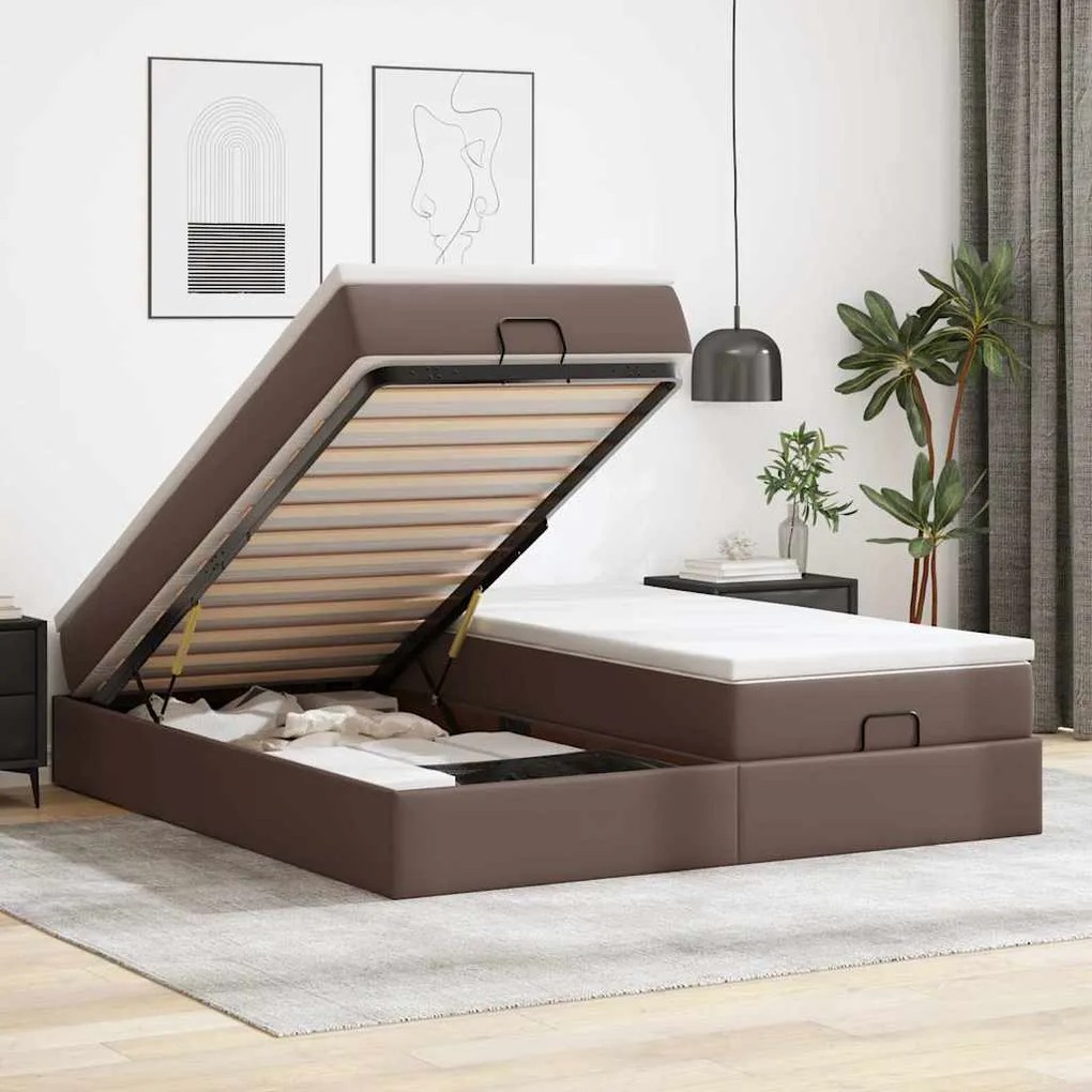 vidaXL Οθωμανικό Κρεβάτι με Στρώματα Καφέ 200x200cm Faux Leather