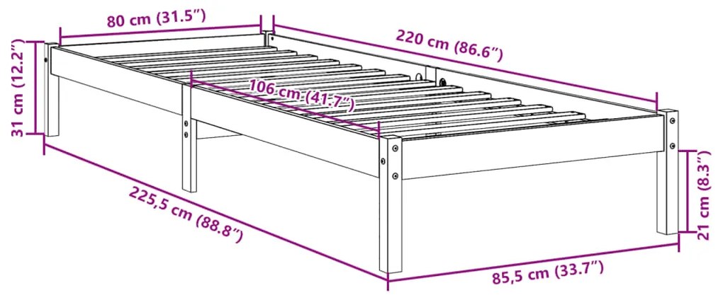 ΠΛΑΙΣΙΟ ΚΡΕΒΑΤΙΟΥ ΜΑΚΡΥ ΧΩΡΙΣ ΣΤΡΩΜΑ 80X220 ΕΚ ΜΑΣΙΦ ΠΕΥΚΟ 852414