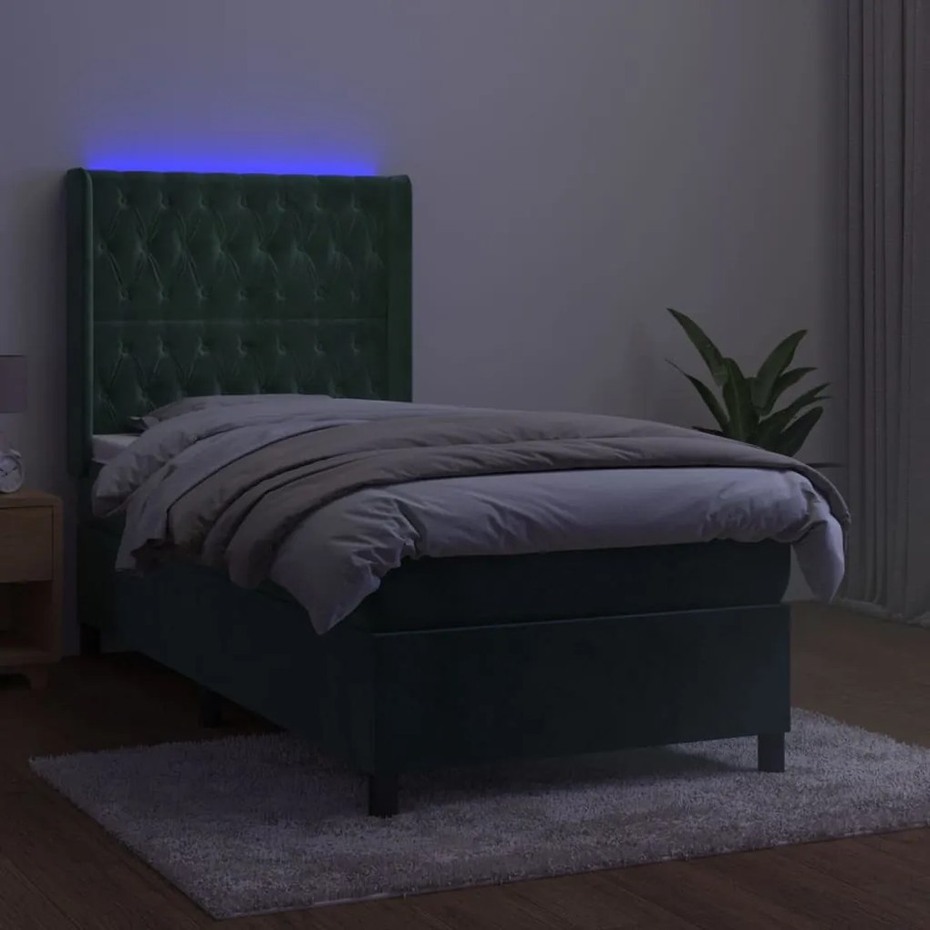 Κρεβάτι Boxspring με Στρώμα &amp; LED Σκ. Πράσινο 80x200 εκ Βελούδο - Πράσινο