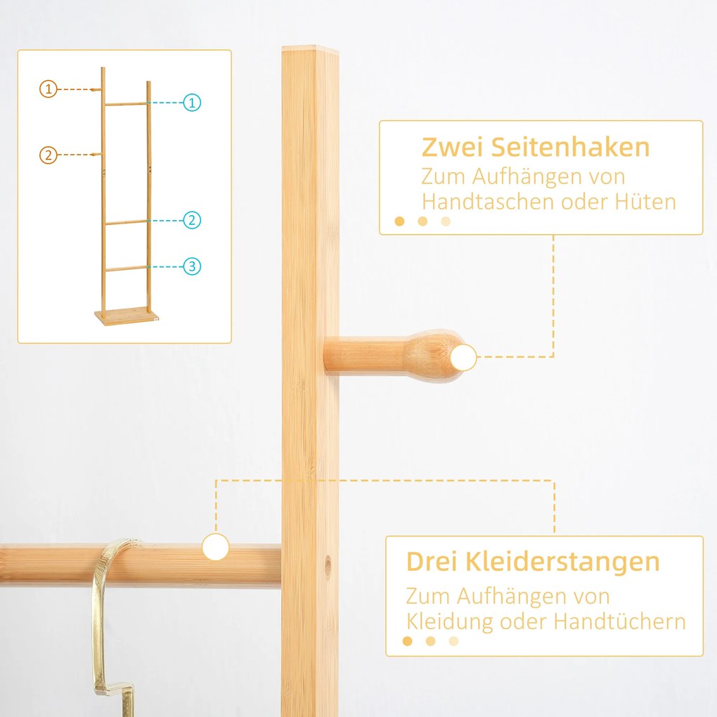 HOMCOM Μοντέρνα κρεμάστρα παλτών, 2 γάντζοι & 3 ράβδοι, ανθεκτικό μπαμπού, 36x24x168 cm, Φυσικό