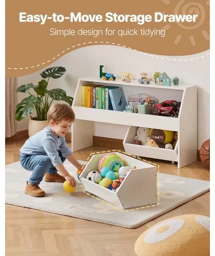 VEVOR Toy Storage Organizer, Wooden Kids Bookshelf with Storage, Toy Storage Cabinet with 2 Mobile Drawers, Kids Storage Organizer for Bedroom, Nursery, Living Room, Entryway, Preschool, White