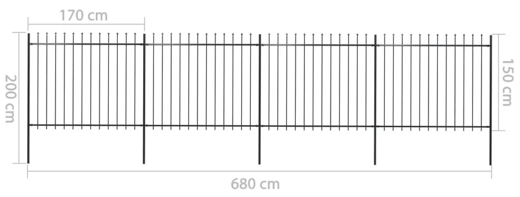 vidaXL Κάγκελα Περίφραξης με Λόγχες Μαύρα 6,8 x 1,5 μ. από Χάλυβα