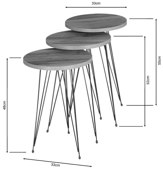 Τραπεζάκια σαλονιού Βοηθητικά Wakmi σετ 3 τεμ φυσικό μελαμίνη - μαύρο μέταλλο 33x33x55 εκ.