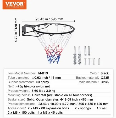 VEVOR Basketball Rim, Wall Door Mounted Basketball Hoop, Heavy Duty Q235 Basketball Flex Rim Goal Replacement with Net and Double Spring, Standard 18" Indoor Outdoor Hanging Hoop for Kids Adults