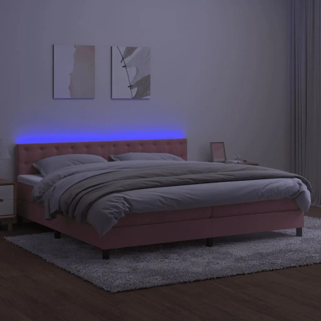 vidaXL Κρεβάτι Boxspring με Στρώμα &amp; LED Ροζ 200x200 εκ. Βελούδινο