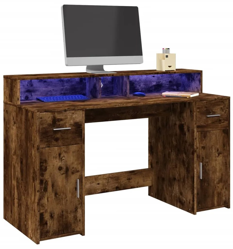 Γραφείο με LED Καπνιστή δρυς 140x55x91 εκ. Επεξεργ. Ξύλο