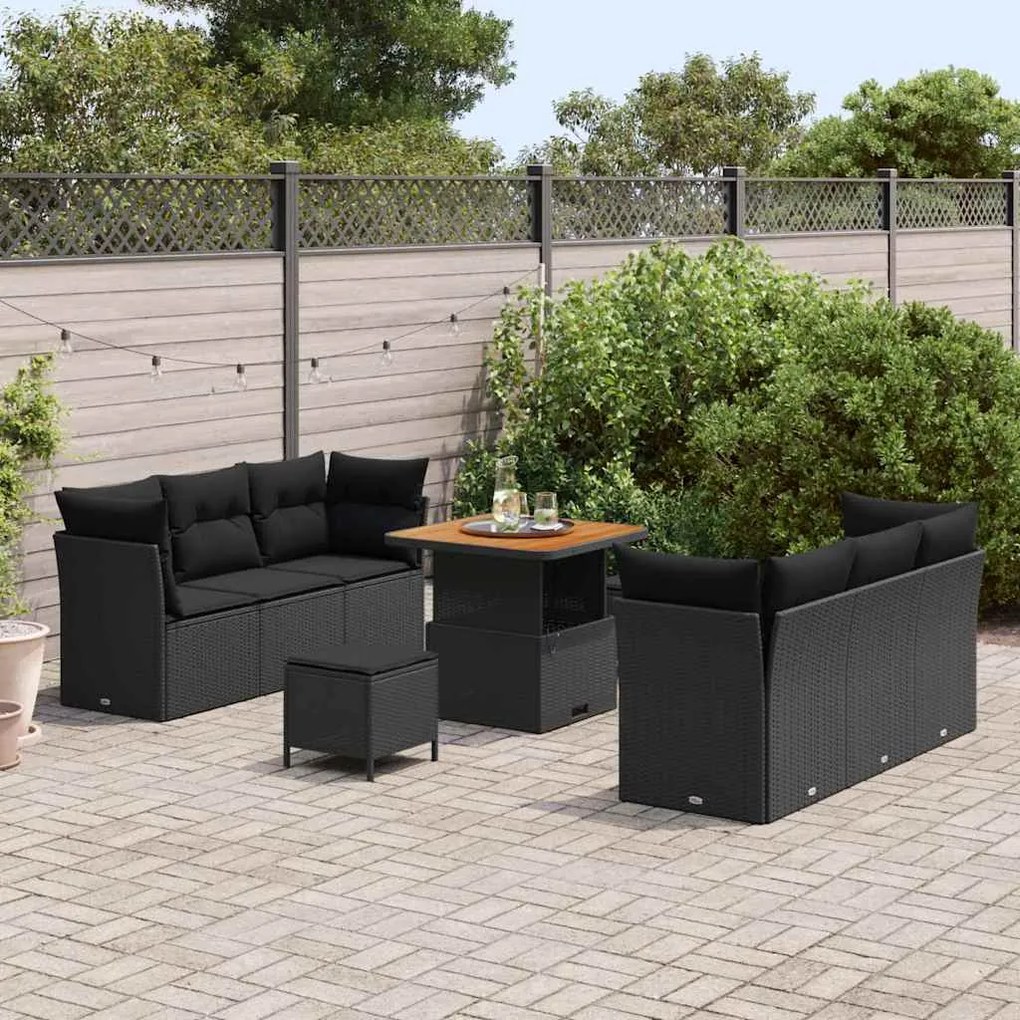 vidaXL Σετ Καναπέ Κήπου Ρυθμιζόμενο ύψος 9 pcs Μαύρο συνθετικό ρατάν