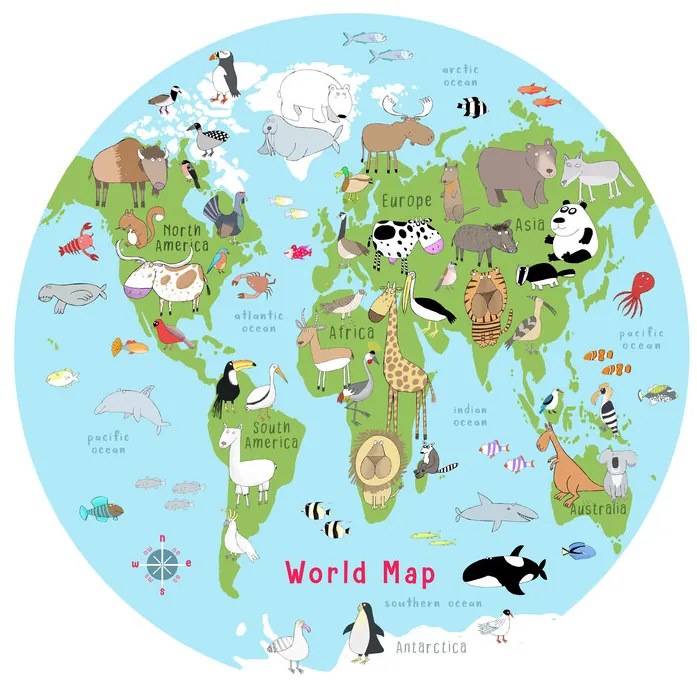 Εικονογράφηση Illustrated World Map Animals and Fish Light Blue, Carla Daly