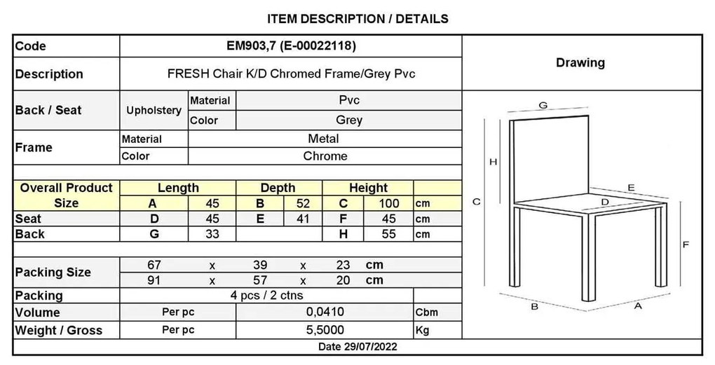 Καρέκλα FRESH K/D Χρώμιο/Pvc Γκρι 45x52x100cm (Σετ 4 ΤΕΜ)