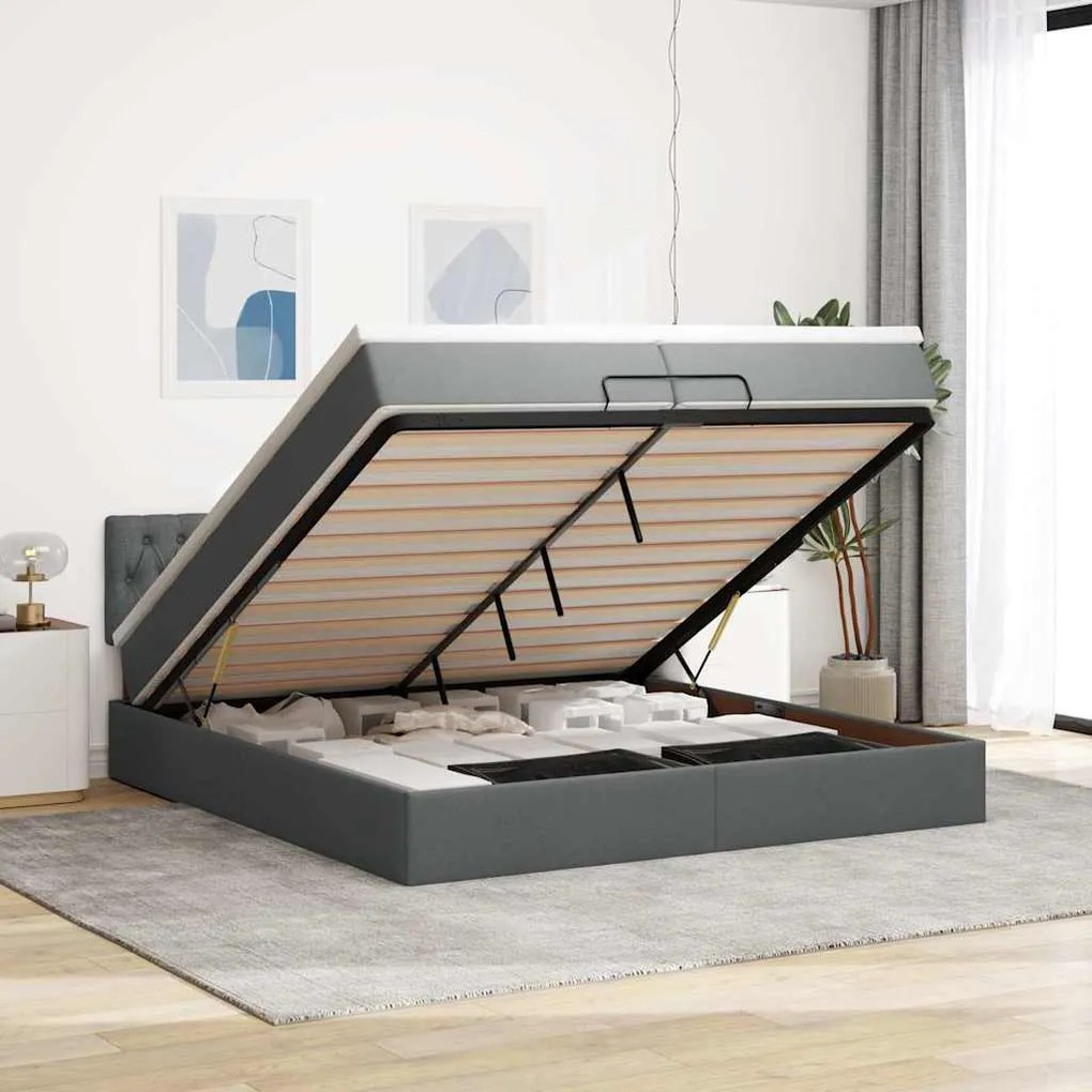 vidaXL Οθωμανικό κρεβάτι με στρώματα&LEDs Σκούρο γκρι 200x200cm ύφασμα