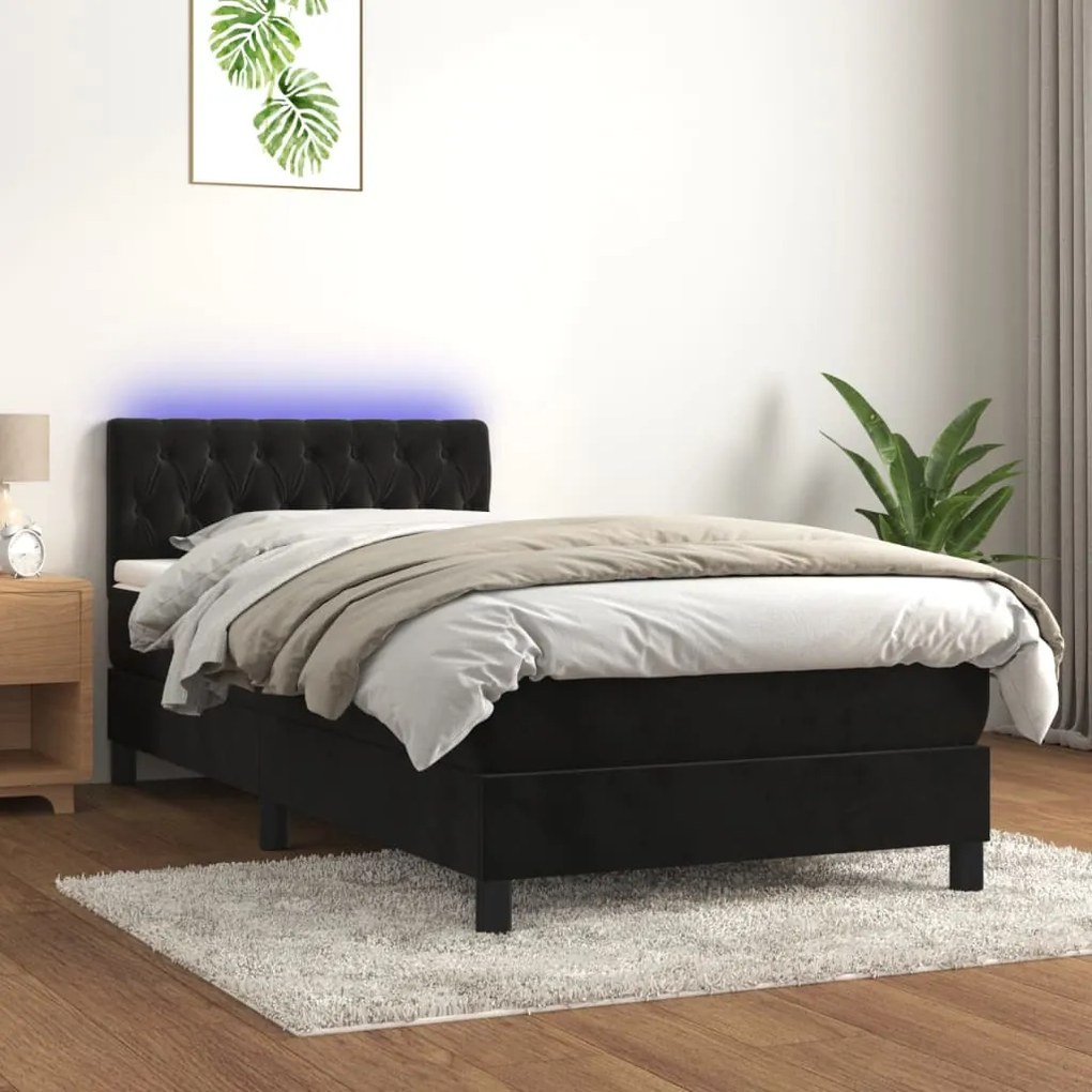 Κρεβάτι Boxspring με Στρώμα &amp; LED Μαύρο 100x200 εκ. Βελούδινο - Μαύρο