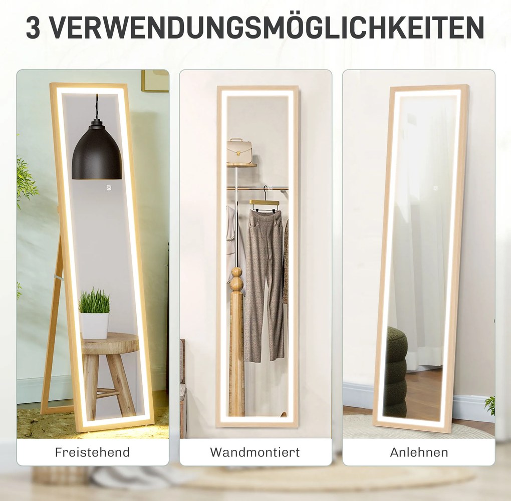 HOMCOM Καθρέφτης πλήρους μεγέθους LED, 40 x 160 cm, έλεγχος αφής, ρυθμιζόμενος, 3 χρώματα, δρυς