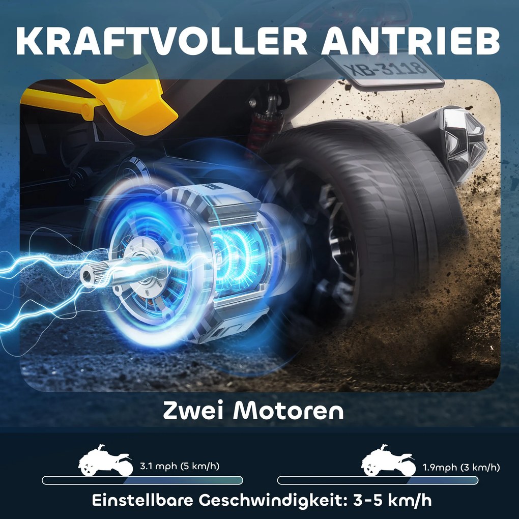 AIYAPLAY Ηλεκτρικό Παιδικό Όχημα, Σχέδιο Αντίστροφου Τρίκυκλου, Λειτουργία Μπαταρίας, MP3 Player, Κόρνα, 2 Ταχύτητες, Φώτα LED, 3-8 Ετών, Κίτρινο