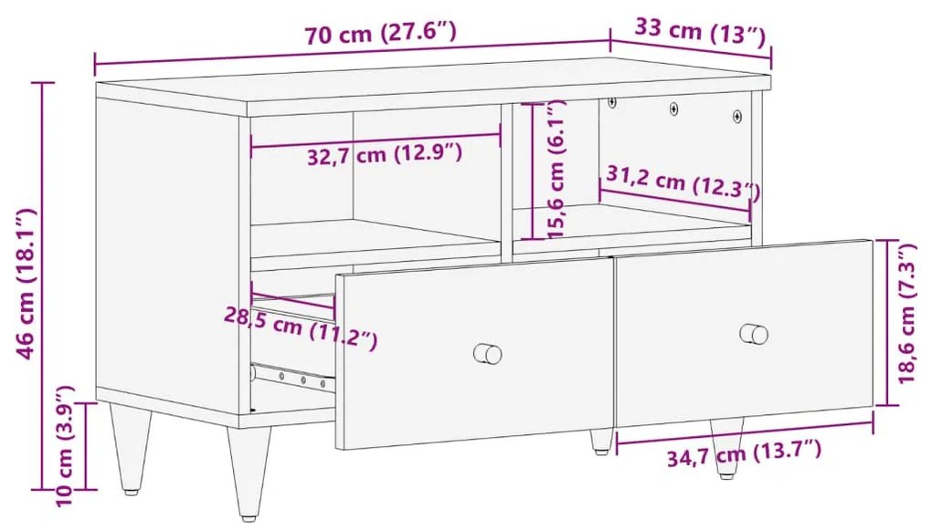 Έπιπλο Τηλεόρασης 70 x 33 x 46 εκ. από Μασίφ Ξύλο Μάνγκο - Μαύρο