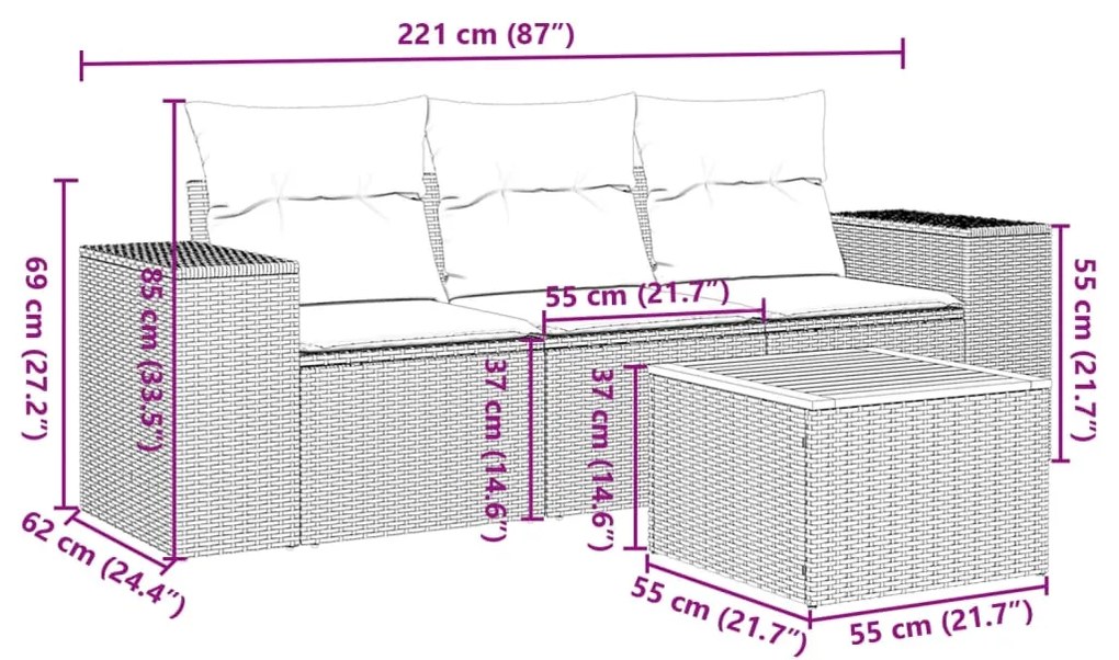 vidaXL Σαλόνι Κήπου Σετ 4 Τεμαχίων Γκρι Συνθετικό Ρατάν με Μαξιλάρια