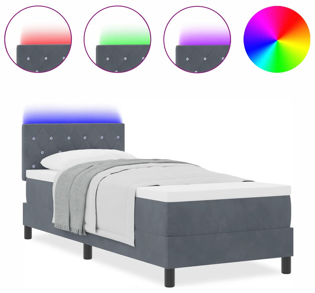 vidaXL Κρεβάτι Box Spring με Στρώμα & LED Σκούρο Γκρι 80x200 εκ. Βελούδο